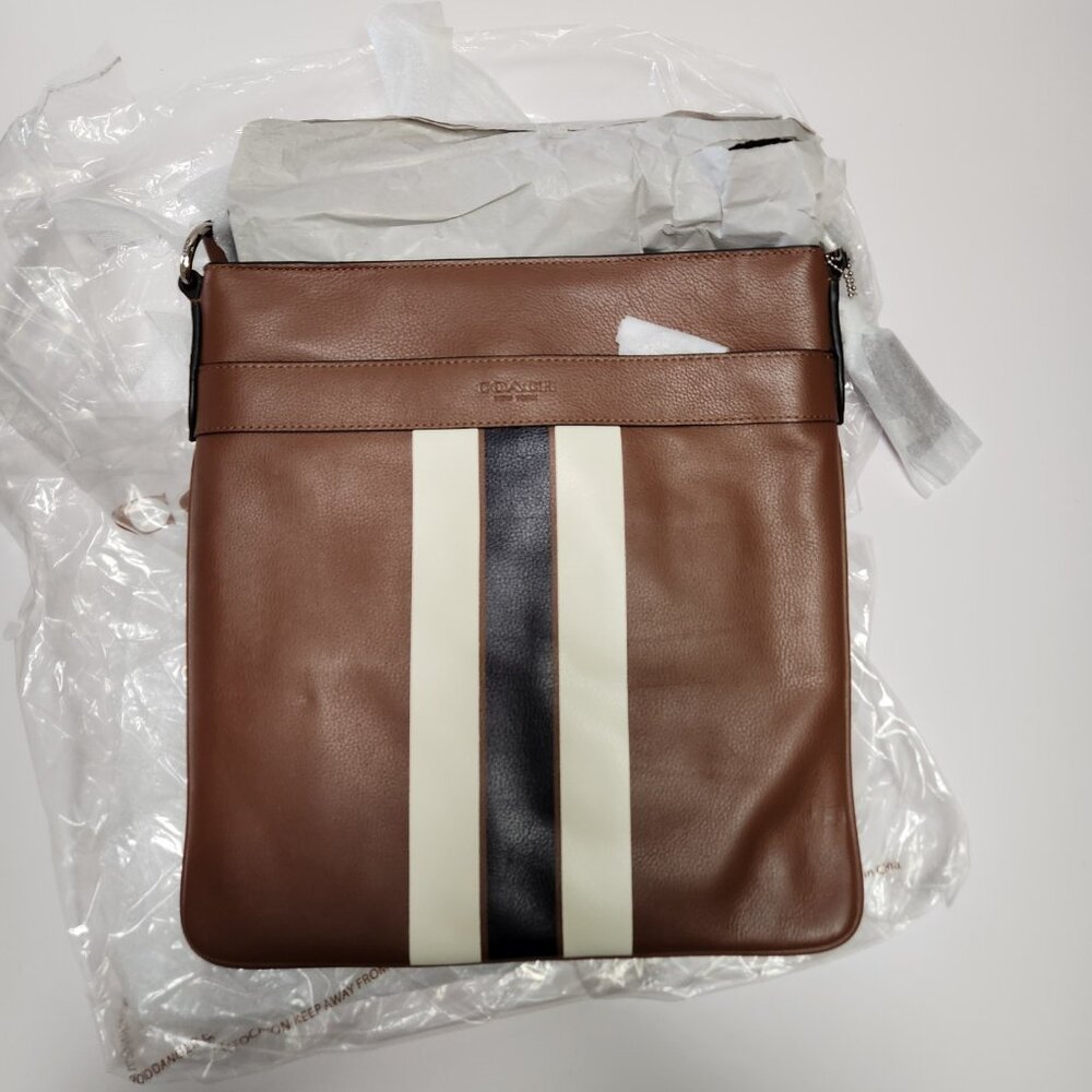 Coach New York Brown Pebbled Leather Charles Varsity Stripe Bag New W Tag